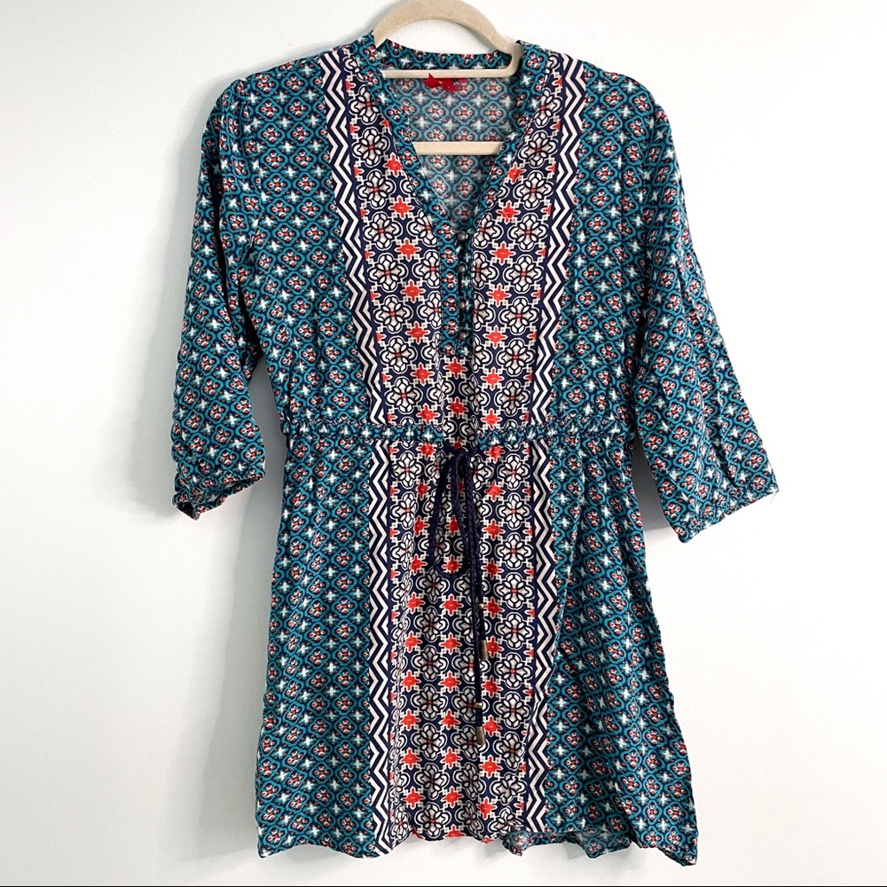 Boho Chic Long Sleeve Dress with Waist Tie in Bright Turquoise and Red Fabric